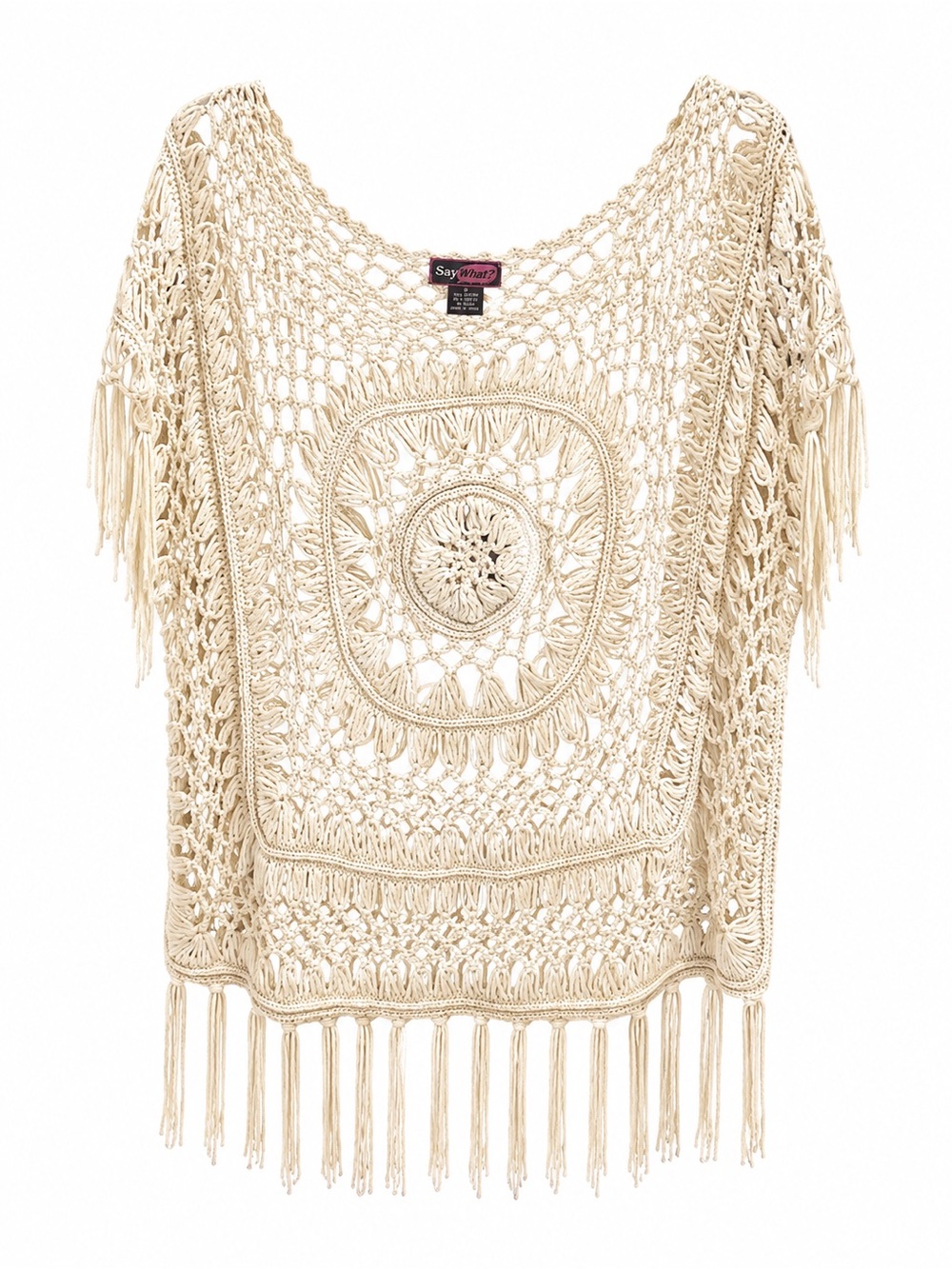Say What? Ivory Crochet Boho Poncho Top with Fringe – Size Small - Picture 2 of 3
